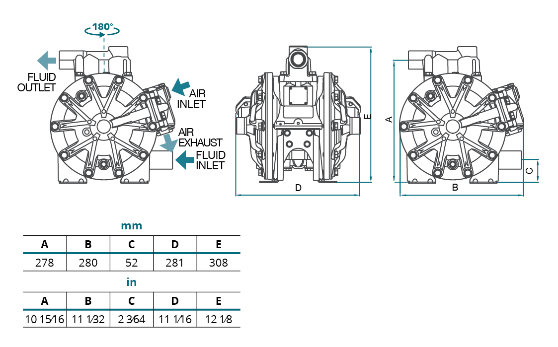 Размеры пневмоприводных металлических насосов Samoa DP200