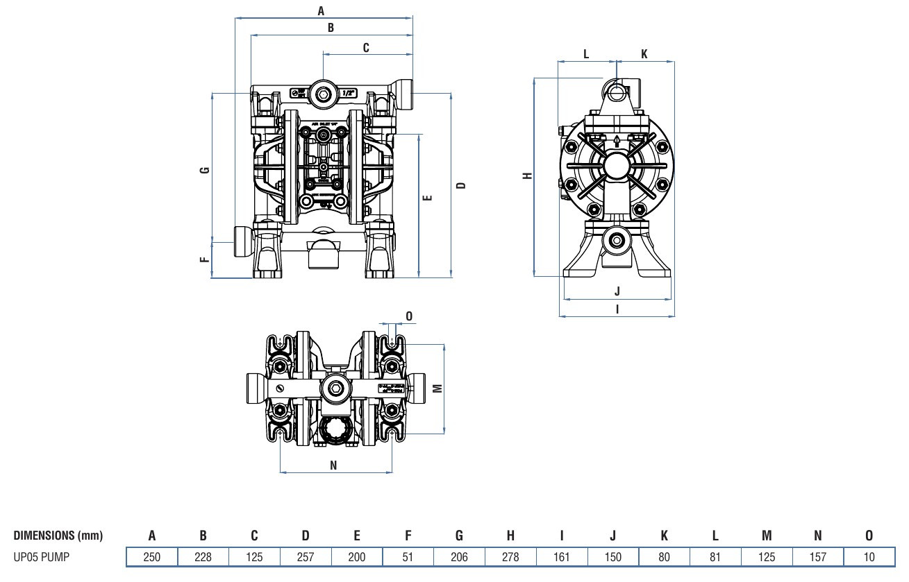 Размеры пневмоприводных пластмассовых насосов Samoa UP05